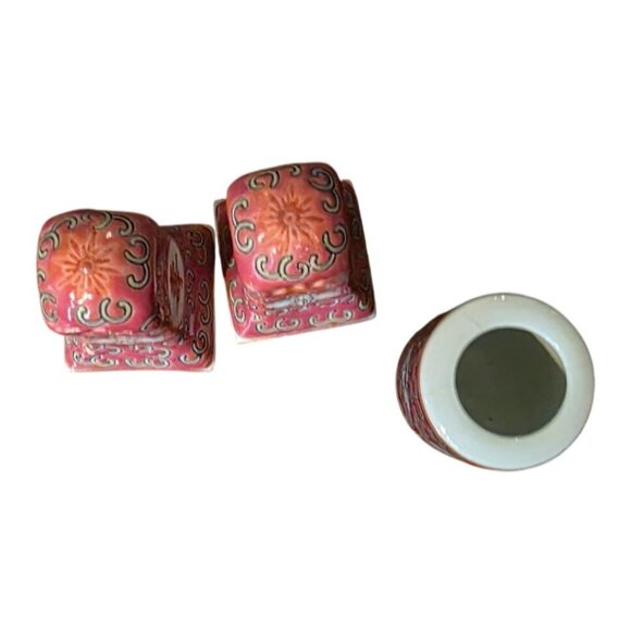 3 pc Vintage Asian Ceramic Salt & Pepper Shakers Toothpick Holder Pink Floral - Picture 2 of 11